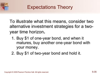 Expectations Theory To illustrate what this means, consider two alternative investment strategies for a two-year time horizon . Buy $1 of one-year bond, and when it matures, buy another one-year bond with your money. Buy $1 of two-year bond and hold it. 