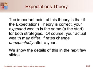 Expectations Theory The important point of this theory is that if the Expectations Theory is correct, your  expected  wealth is the same (a the start) for both strategies.  Of course, your actual wealth may differ, if rates change  unexpectedly  after a year. We show the details of this in the next few slides. 