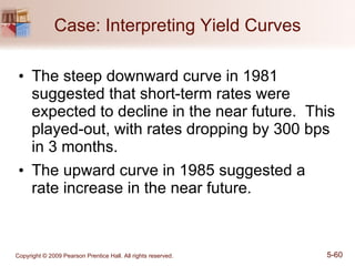 Case: Interpreting Yield Curves The steep downward curve in 1981 suggested that short-term rates were expected to decline in the near future.  This played-out, with rates dropping by 300 bps in 3 months. The upward curve in 1985 suggested a rate increase in the near future. 