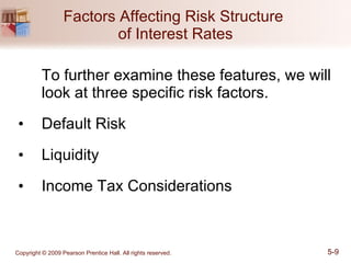 Factors Affecting Risk Structure  of Interest Rates To further examine these features, we will look at three specific risk factors. Default Risk Liquidity Income Tax Considerations 