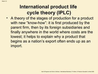 Slide 6.13
Alan M Rugman and Simon Collinson, International Business, 5th
Edition, © Pearson Education Limited 2009
International product life
cycle theory (IPLC)
• A theory of the stages of production for a product
with new “know-how”: it is first produced by the
parent firm, then by its foreign subsidiaries and
finally anywhere in the world where costs are the
lowest; it helps to explain why a product that
begins as a nation’s export often ends up as an
import.
 