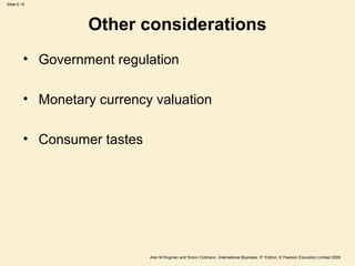 Slide 6.15
Alan M Rugman and Simon Collinson, International Business, 5th
Edition, © Pearson Education Limited 2009
Other considerations
• Government regulation
• Monetary currency valuation
• Consumer tastes
 