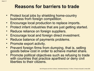 Slide 6.17
Alan M Rugman and Simon Collinson, International Business, 5th
Edition, © Pearson Education Limited 2009
Reasons for barriers to trade
• Protect local jobs by shielding home-country
business from foreign competition.
• Encourage local production to replace imports.
• Protect infant industries that are just getting started.
• Reduce reliance on foreign suppliers.
• Encourage local and foreign direct investment.
• Reduce balance of payments problems.
• Promote export activity.
• Prevent foreign firms from dumping, that is, selling
goods below cost in order to achieve market share.
• Promote political objectives such as refusing to trade
with countries that practice apartheid or deny civil
liberties to their citizens.
 