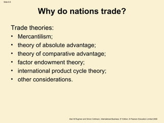 Slide 6.6
Alan M Rugman and Simon Collinson, International Business, 5th
Edition, © Pearson Education Limited 2009
Why do nations trade?
Trade theories:
• Mercantilism;
• theory of absolute advantage;
• theory of comparative advantage;
• factor endowment theory;
• international product cycle theory;
• other considerations.
 