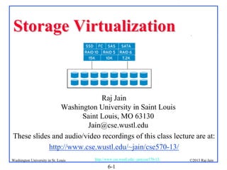Storage Virtualization

.

Raj Jain
Washington University in Saint Louis
Saint Louis, MO 63130
Jain@cse.wustl.edu
These slides and audio/video recordings of this class lecture are at:
http://www.cse.wustl.edu/~jain/cse570-13/
Washington University in St. Louis

http://www.cse.wustl.edu/~jain/cse570-13/

6-1

©2013 Raj Jain

 