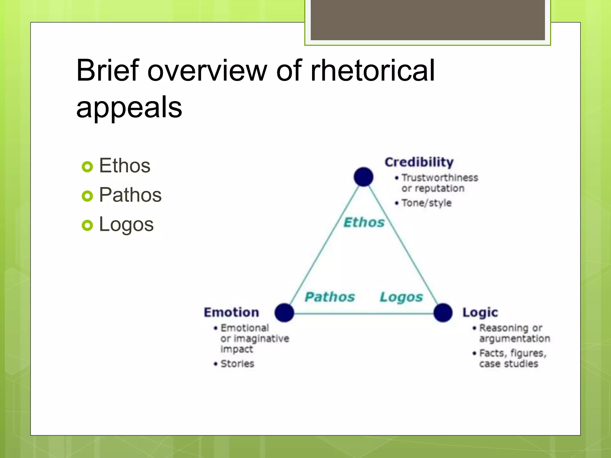 Brief overview of rhetorical
appeals
 Ethos
 Pathos
 Logos
 