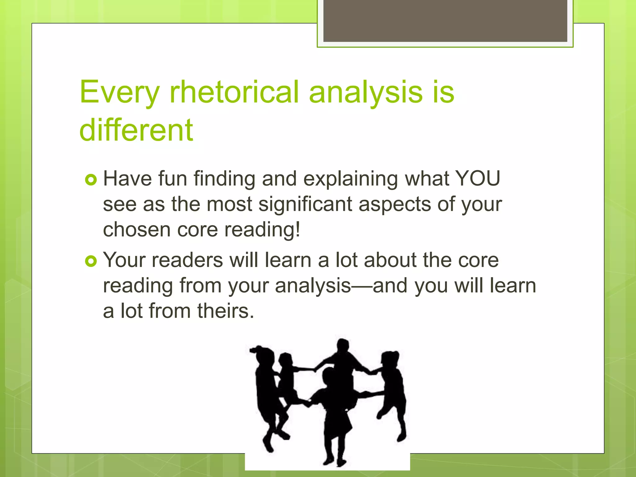 Every rhetorical analysis is
different
 Have fun finding and explaining what YOU
see as the most significant aspects of your
chosen core reading!
 Your readers will learn a lot about the core
reading from your analysis—and you will learn
a lot from theirs.
 