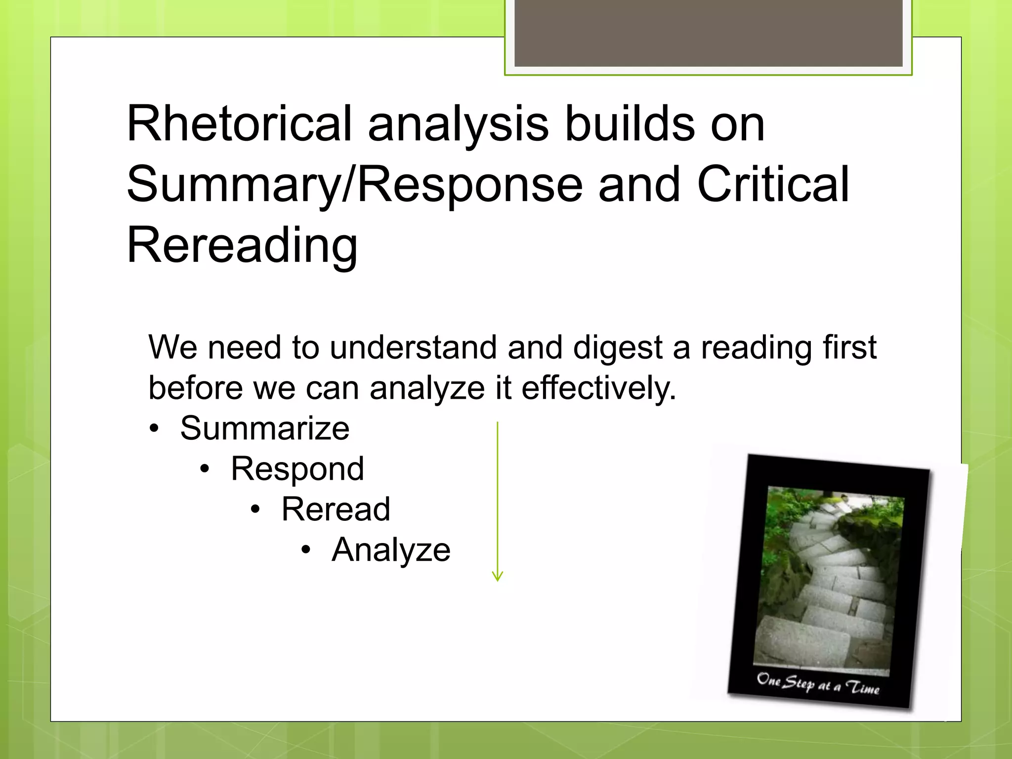 Rhetorical analysis builds on
Summary/Response and Critical
Rereading
We need to understand and digest a reading first
before we can analyze it effectively.
• Summarize
• Respond
• Reread
• Analyze
 