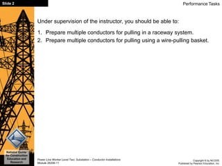 Copyright © by NCCER,
Published by Pearson Education, Inc.
Power Line Worker Level Two: Substation – Conductor Installations
Module 26206-11
National Center
for Construction
Education and
Research
Slide 2
Under supervision of the instructor, you should be able to:
1. Prepare multiple conductors for pulling in a raceway system.
2. Prepare multiple conductors for pulling using a wire-pulling basket.
Performance Tasks
 