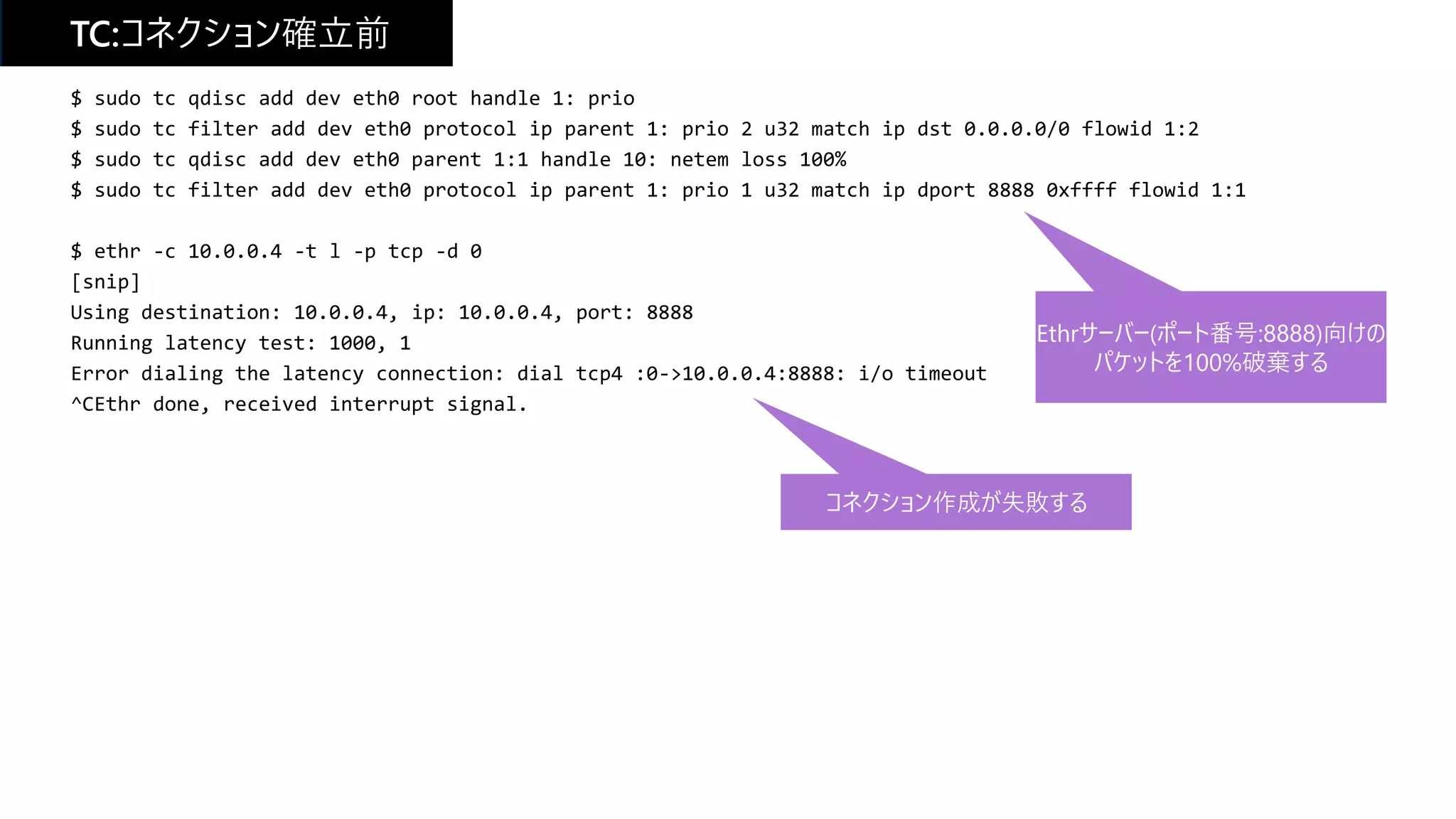 TC:コネクション確立前
$ sudo tc qdisc add dev eth0 root handle 1: prio
$ sudo tc filter add dev eth0 protocol ip parent 1: prio 2 u32 match ip dst 0.0.0.0/0 flowid 1:2
$ sudo tc qdisc add dev eth0 parent 1:1 handle 10: netem loss 100%
$ sudo tc filter add dev eth0 protocol ip parent 1: prio 1 u32 match ip dport 8888 0xffff flowid 1:1
$ ethr -c 10.0.0.4 -t l -p tcp -d 0
[snip]
Using destination: 10.0.0.4, ip: 10.0.0.4, port: 8888
Running latency test: 1000, 1
Error dialing the latency connection: dial tcp4 :0->10.0.0.4:8888: i/o timeout
^CEthr done, received interrupt signal.
Ethrサーバー(ポート番号:8888)向けの
パケットを100%破棄する
コネクション作成が失敗する
 