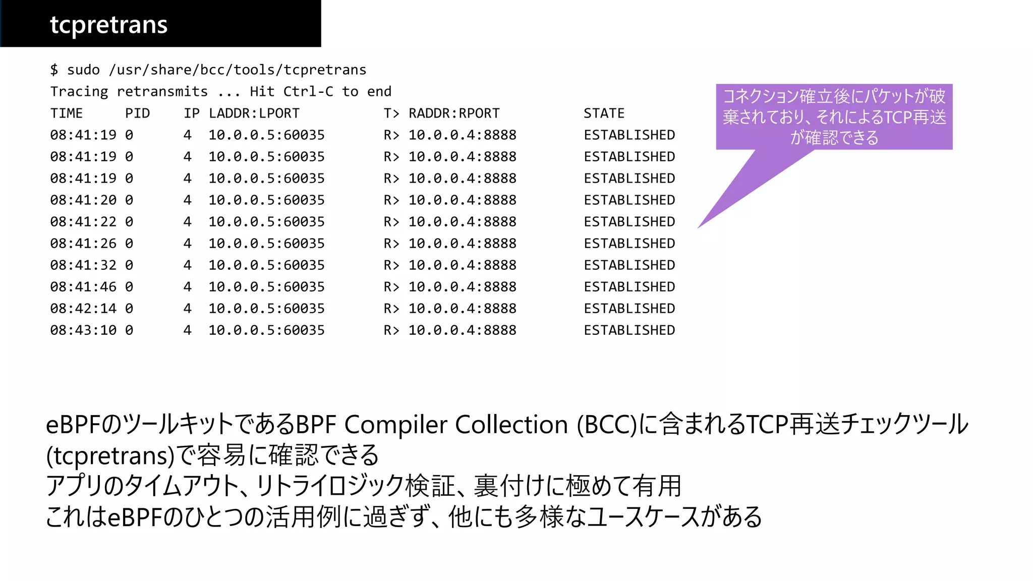 tcpretrans
$ sudo /usr/share/bcc/tools/tcpretrans
Tracing retransmits ... Hit Ctrl-C to end
TIME PID IP LADDR:LPORT T> RADDR:RPORT STATE
08:41:19 0 4 10.0.0.5:60035 R> 10.0.0.4:8888 ESTABLISHED
08:41:19 0 4 10.0.0.5:60035 R> 10.0.0.4:8888 ESTABLISHED
08:41:19 0 4 10.0.0.5:60035 R> 10.0.0.4:8888 ESTABLISHED
08:41:20 0 4 10.0.0.5:60035 R> 10.0.0.4:8888 ESTABLISHED
08:41:22 0 4 10.0.0.5:60035 R> 10.0.0.4:8888 ESTABLISHED
08:41:26 0 4 10.0.0.5:60035 R> 10.0.0.4:8888 ESTABLISHED
08:41:32 0 4 10.0.0.5:60035 R> 10.0.0.4:8888 ESTABLISHED
08:41:46 0 4 10.0.0.5:60035 R> 10.0.0.4:8888 ESTABLISHED
08:42:14 0 4 10.0.0.5:60035 R> 10.0.0.4:8888 ESTABLISHED
08:43:10 0 4 10.0.0.5:60035 R> 10.0.0.4:8888 ESTABLISHED
コネクション確立後にパケットが破
棄されており、それによるTCP再送
が確認できる
eBPFのツールキットであるBPF Compiler Collection (BCC)に含まれるTCP再送チェックツール
(tcpretrans)で容易に確認できる
アプリのタイムアウト、リトライロジック検証、裏付けに極めて有用
これはeBPFのひとつの活用例に過ぎず、他にも多様なユースケースがある
 