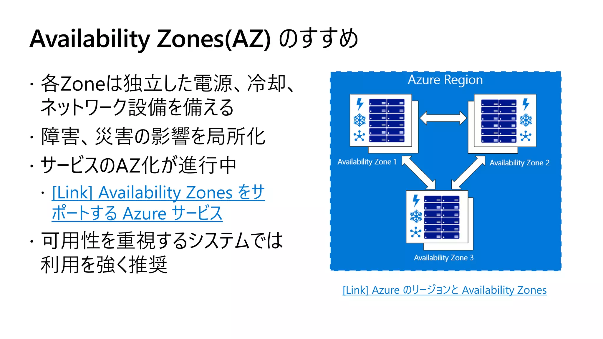 Availability Zones(AZ) のすすめ
 各Zoneは独立した電源、冷却、
ネットワーク設備を備える
 障害、災害の影響を局所化
 サービスのAZ化が進行中
 [Link] Availability Zones をサ
ポートする Azure サービス
 可用性を重視するシステムでは
利用を強く推奨
[Link] Azure のリージョンと Availability Zones
 