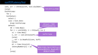 runTCPLatencyTest
conn, err := ethrDial(TCP, test.dialAddr)
[snip]
ExitForLoop:
for {
ExitSelect:
select {
case <-test.done:
break ExitForLoop
default:
t0 := time.Now()
for i := uint32(0); i < rttCount; i++ {
s1 := time.Now()
n, err := conn.Write(buff)
[snip]
_, err = io.ReadFull(conn, buff)
[snip]
e2 := time.Since(s1)
latencyNumbers[i] = e2
}
[snip]
TCPコネクション作成
rttCount = 1000
(1000回送受信する)
事前に作成しておいたコネクションへ
のWrite(直前)から、ReadFull完了
(直後)までの時間
buff は 1byte
 