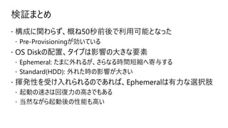 検証まとめ
 構成に関わらず、概ね50秒前後で利用可能となった
 Pre-Provisioningが効いている
 OS Diskの配置、タイプは影響の大きな要素
 Ephemeral: たまに外れるが、さらなる時間短縮へ寄与する
 Standard(HDD): 外れた時の影響が大きい
 揮発性を受け入れられるのであれば、Ephemeralは有力な選択肢
 起動の速さは回復力の高さでもある
 当然ながら起動後の性能も高い
 