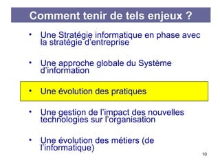 Comment tenir de tels enjeux ?
•

Une Stratégie informatique en phase avec
la stratégie d’entreprise

•

Une approche globale du Système
d’information

•

Une évolution des pratiques

•

Une gestion de l’impact des nouvelles
technologies sur l’organisation

•

Une évolution des métiers (de
l’informatique)

10

 