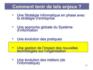 Comment tenir de tels enjeux ?
•

Une Stratégie informatique en phase avec
la stratégie d’entreprise

•

Une approche globale du Système
d’information

•

Une évolution des pratiques

•

Une gestion de l’impact des nouvelles
technologies sur l’organisation

•

Une évolution des métiers (de
l’informatique)

11

 
