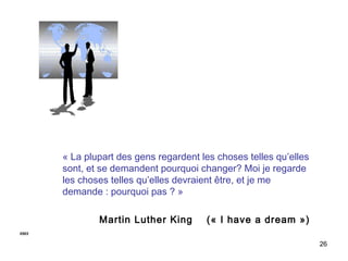 « La plupart des gens regardent les choses telles qu’elles
sont, et se demandent pourquoi changer? Moi je regarde
les choses telles qu’elles devraient être, et je me
demande : pourquoi pas ? »
Martin Luther King

(« I have a dream »)

0503

26

 