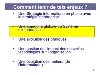Comment tenir de tels enjeux ?
•

Une Stratégie informatique en phase avec
la stratégie d’entreprise

•

Une approche globale du Système
d’information

•

Une évolution des pratiques

•

Une gestion de l’impact des nouvelles
technologies sur l’organisation

•

Une évolution des métiers (de
l’informatique)
6

 