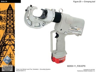 Copyright © by NCCER,
Published by Pearson Education, Inc.
Power Line Worker Level Two: Substation – Grounding Systems
Module 82203-12
Slide 24
National Center
for Construction
Education and
Research
Figure 20 — Crimping tool
 