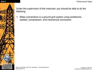Copyright © by NCCER,
Published by Pearson Education, Inc.
Power Line Worker Level Two: Substation – Grounding Systems
Module 82203-12
Slide 2
National Center
for Construction
Education and
Research
Performance Tasks
Under the supervision of the instructor, you should be able to do the
following:
1. Make connections in a ground grid system using exothermic
welded, compression, and mechanical connectors.
 