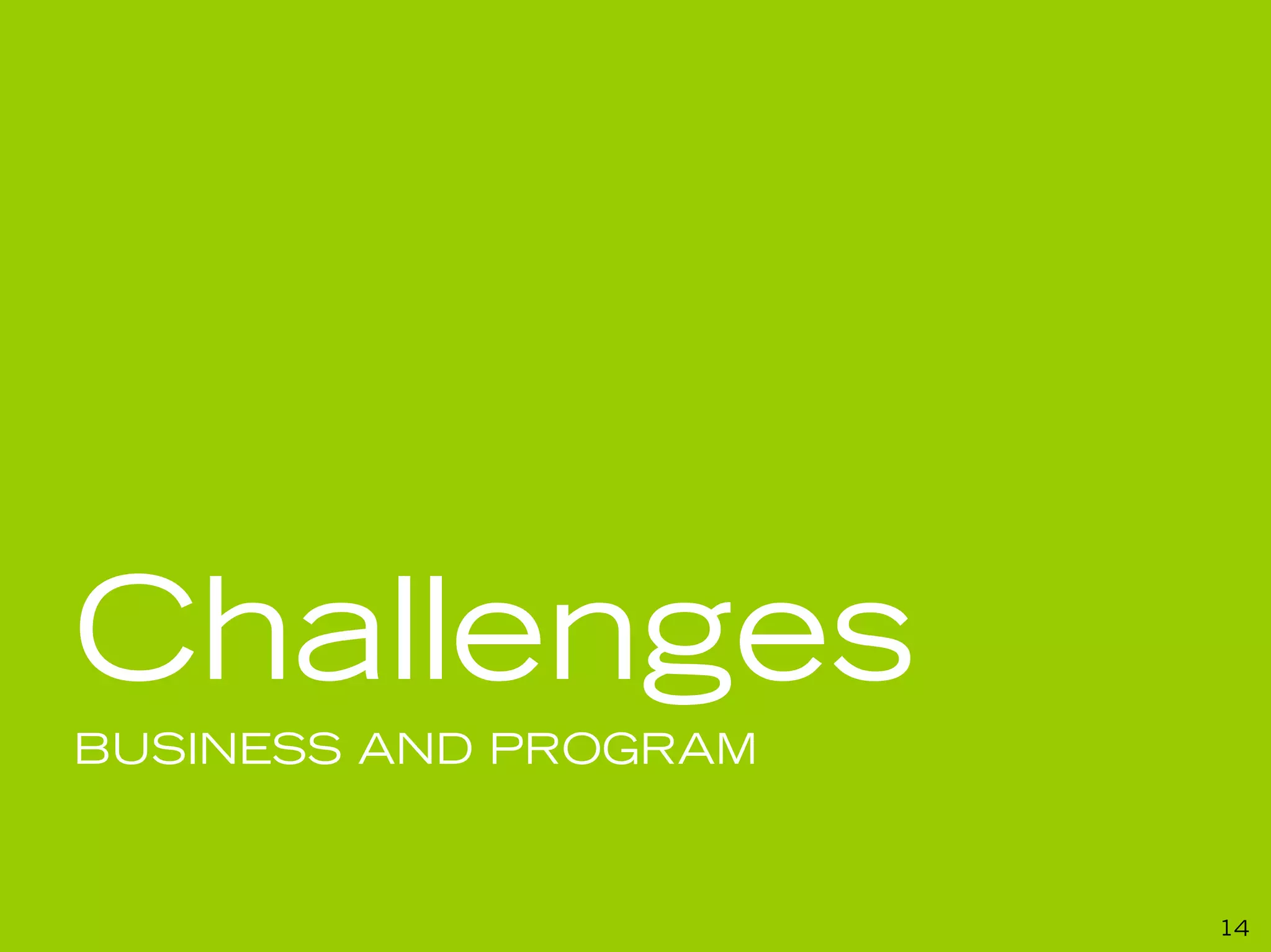 Challenges
BUSINESS AND PROGRAM



                       14
 