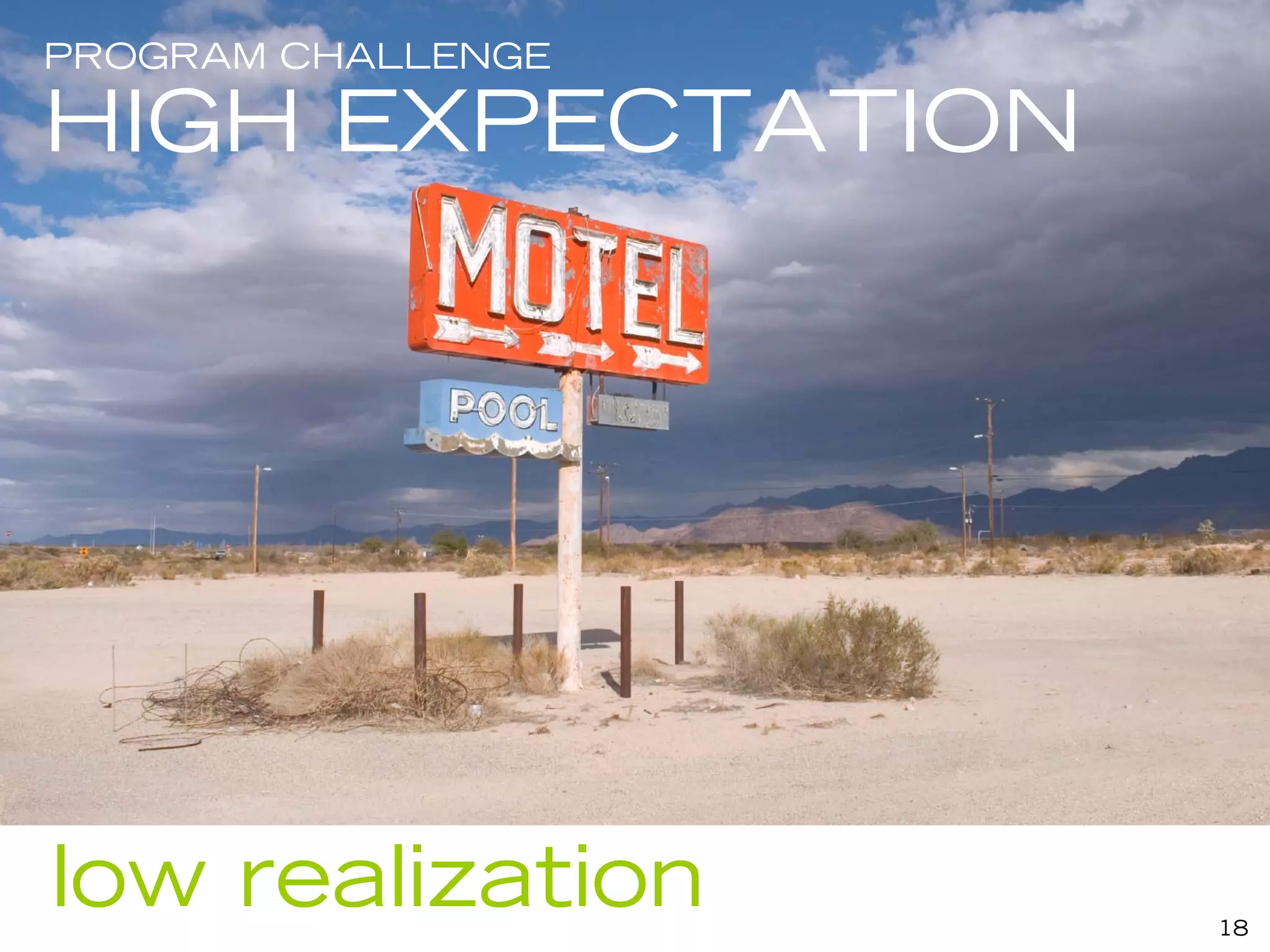 PROGRAM CHALLENGE

HIGH EXPECTATION




low realization     18
 