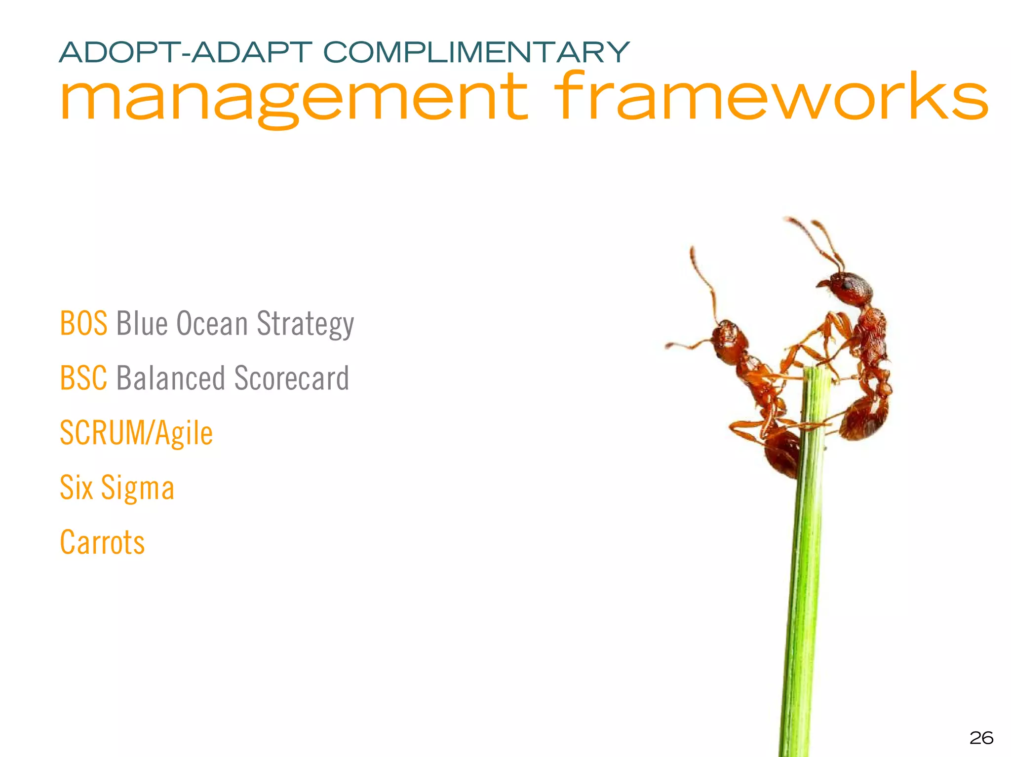 ADOPT-ADAPT COMPLIMENTARY

management frameworks


BOS Blue Ocean Strategy
BSC Balanced Scorecard
SCRUM/Agile
Six Sigma
Carrots




                            26
 
