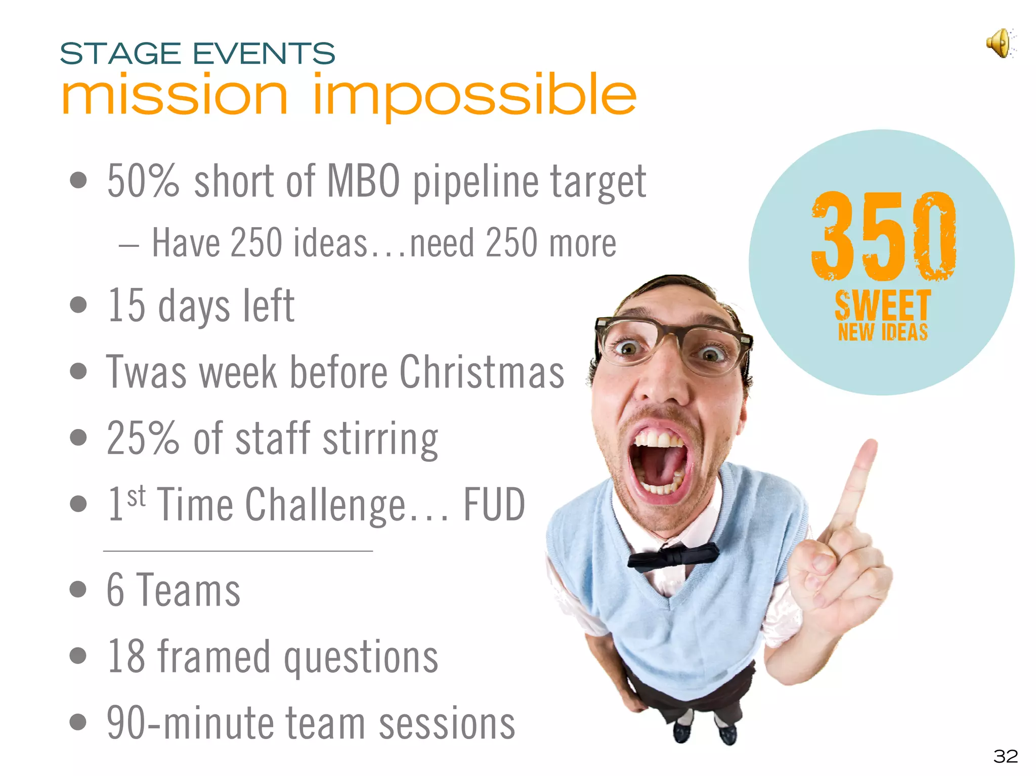 STAGE EVENTS
mission impossible
• 50% short of MBO pipeline target

•
    – Have 250 ideas…need 250 more
    15 days left
                                       350
                                        Double our
                                        pipeline …
                                     produce at least
                                         Sweet
                                     250 sweet new
                                          new ideas

•   Twas week before Christmas             ideas!
•   25% of staff stirring
•   1st Time Challenge… FUD
• 6 Teams
• 18 framed questions
• 90-minute team sessions
                                                    32
 