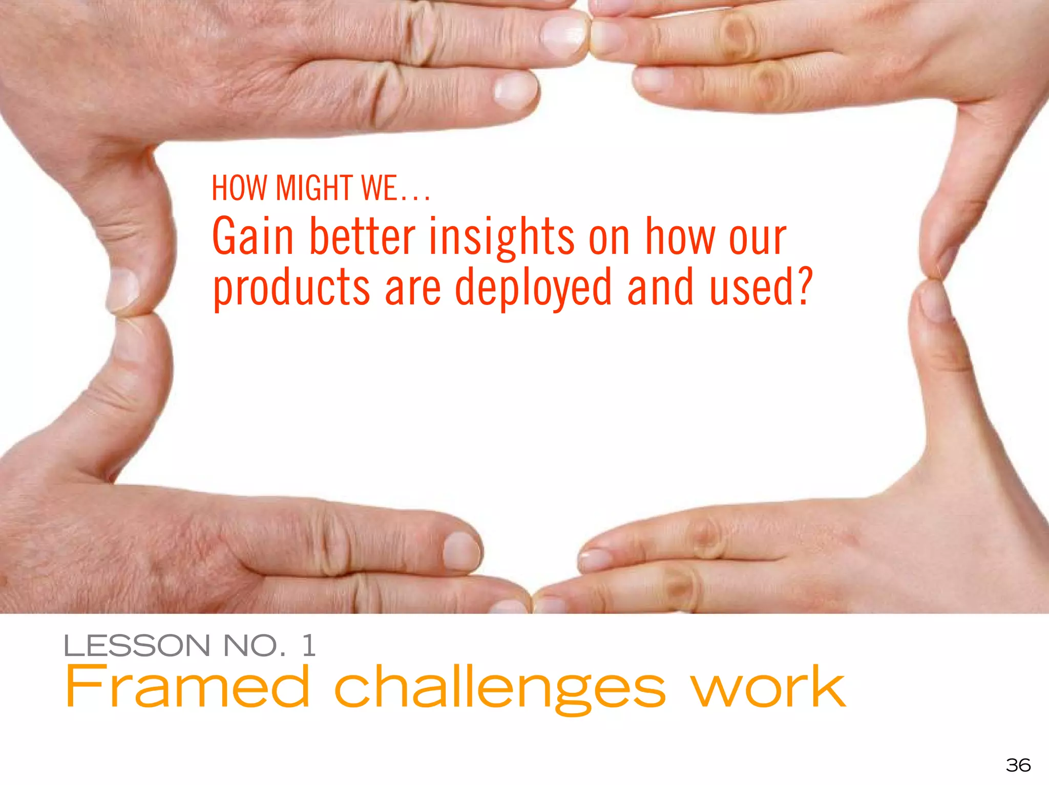 HOW MIGHT WE…
      Gain products
      Reduce theclinical involve,
      Stretch internal order adoption
      Expand our model ofCloudservicing
      Improvehealthcare datarelevant
      Betterourinfrastructureinnovation?
      Impactunderstand, morehow
      Make growthcollaborative a our to
      Drive betterthe thatwithinthat cost
      Accelerate our rateofdomain andin
                 products arefor experience
                   insights on usable?
                     using handling
      products world markets?
      from our _
      customers?
      computing? cents?
      market knowledge?
      between customers?
      serve_ to are Quest
      developing nation? produce and
      emergingand deployed and used?
      MedPlus home office practices?
      solo to five-physicianand remote
      locations?
      own?




LESSON NO. 1
Framed challenges work
                                              36
 