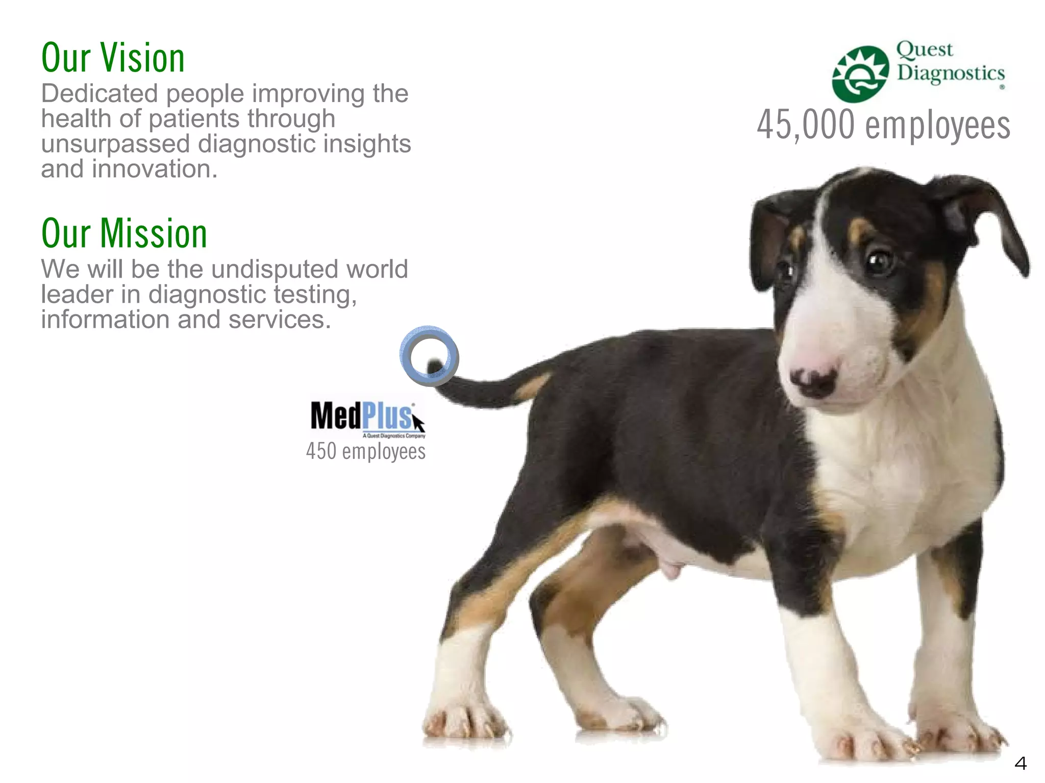 Our Vision
Dedicated people improving the
health of patients through
unsurpassed diagnostic insights
                                      45,000 employees
and innovation.

Our Mission
We will be the undisputed world
leader in diagnostic testing,
information and services.



                      450 employees




                                                         4
 