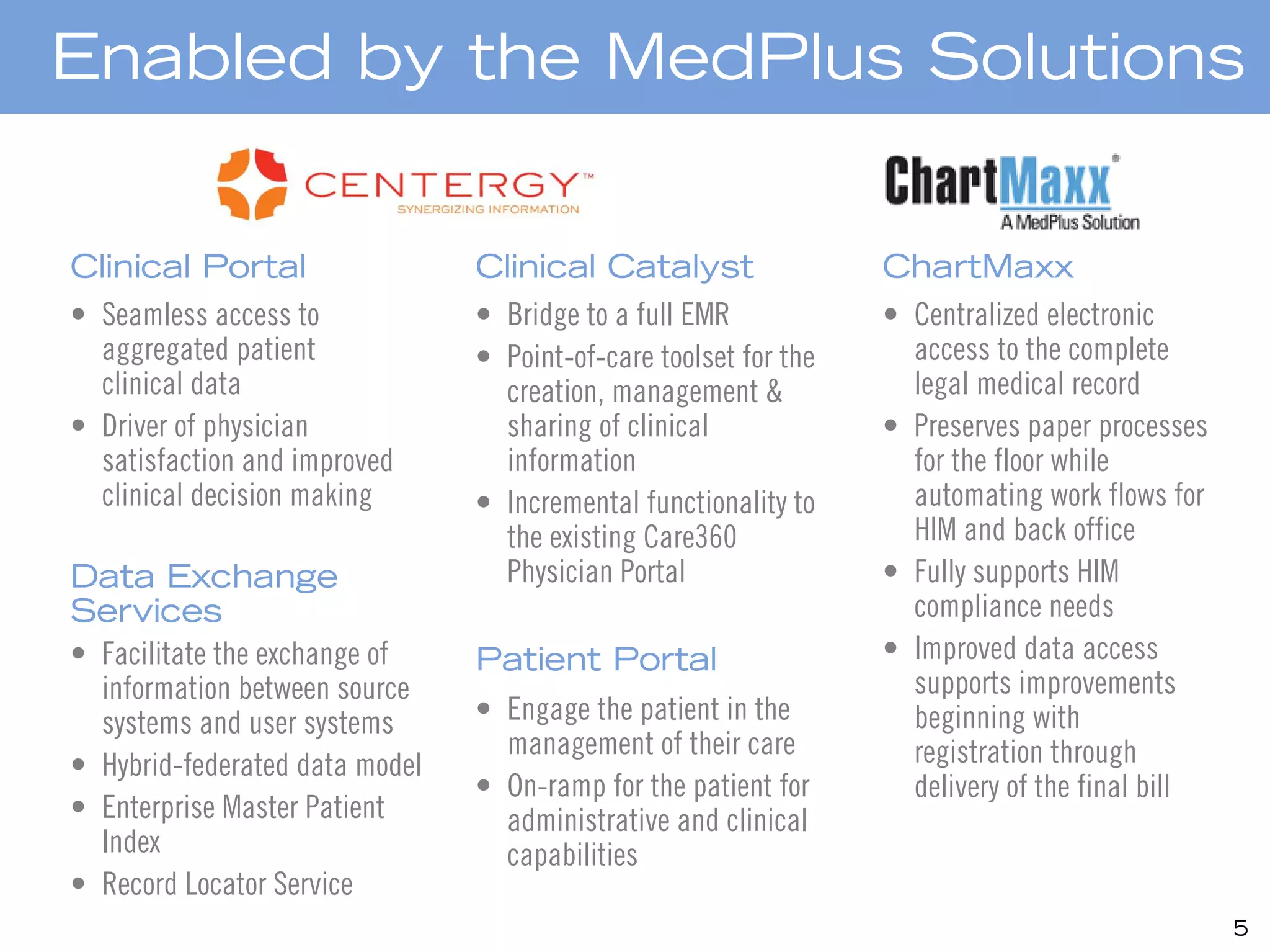 Enabled by the MedPlus Solutions


Clinical Portal                 Clinical Catalyst                 ChartMaxx
• Seamless access to            • Bridge to a full EMR            • Centralized electronic
  aggregated patient            • Point-of-care toolset for the     access to the complete
  clinical data                   creation, management &            legal medical record
• Driver of physician             sharing of clinical             • Preserves paper processes
  satisfaction and improved       information                       for the floor while
  clinical decision making      • Incremental functionality to      automating work flows for
                                  the existing Care360              HIM and back office
Data Exchange                     Physician Portal                • Fully supports HIM
Services                                                            compliance needs
• Facilitate the exchange of    Patient Portal                    • Improved data access
  information between source                                        supports improvements
  systems and user systems      • Engage the patient in the         beginning with
                                  management of their care          registration through
• Hybrid-federated data model
                                • On-ramp for the patient for       delivery of the final bill
• Enterprise Master Patient       administrative and clinical
  Index                           capabilities
• Record Locator Service
                                                                                                 5
 