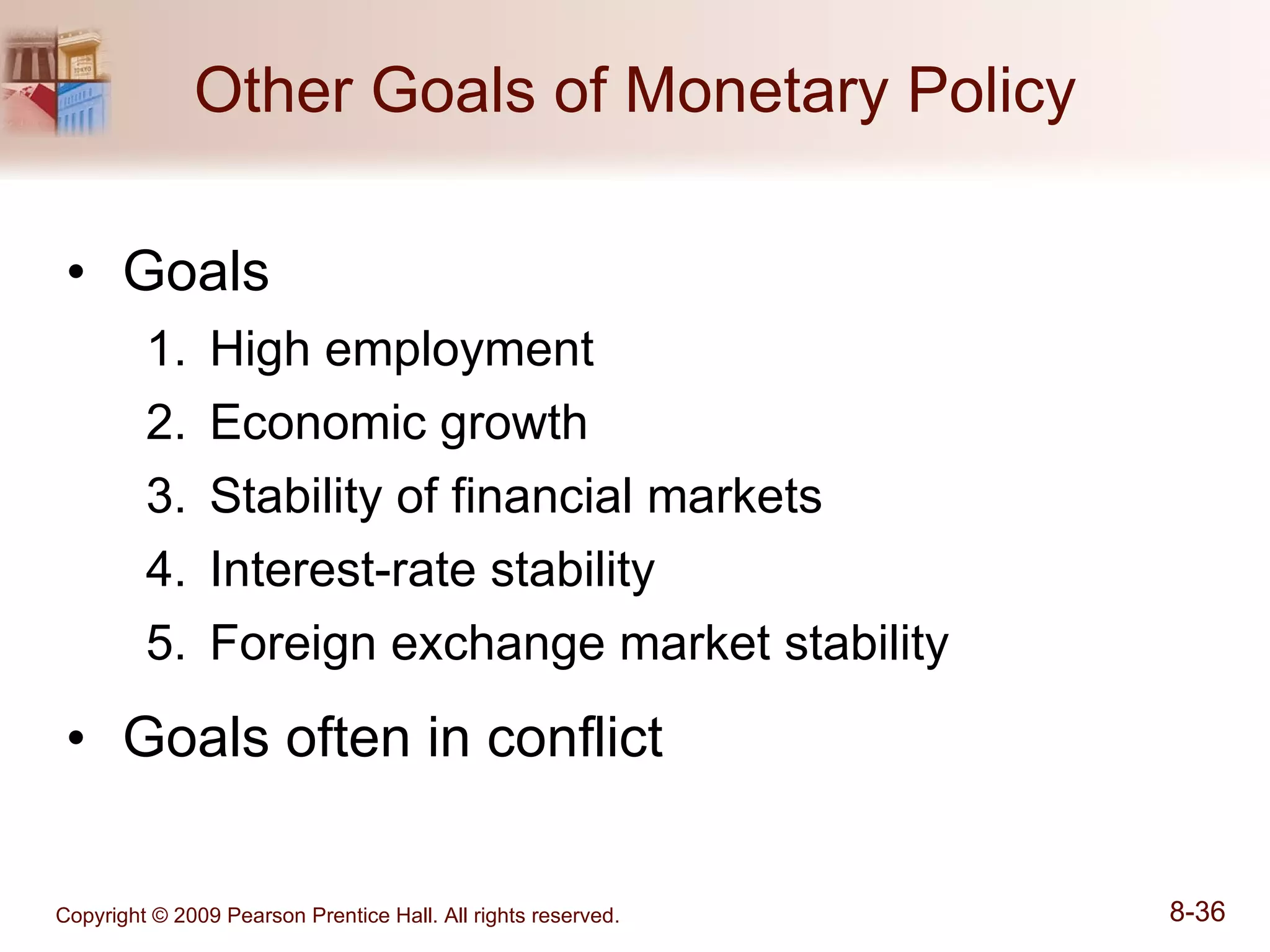 Other Goals of Monetary Policy Goals High employment Economic growth Stability of financial markets Interest-rate stability Foreign exchange market stability Goals often in conflict 