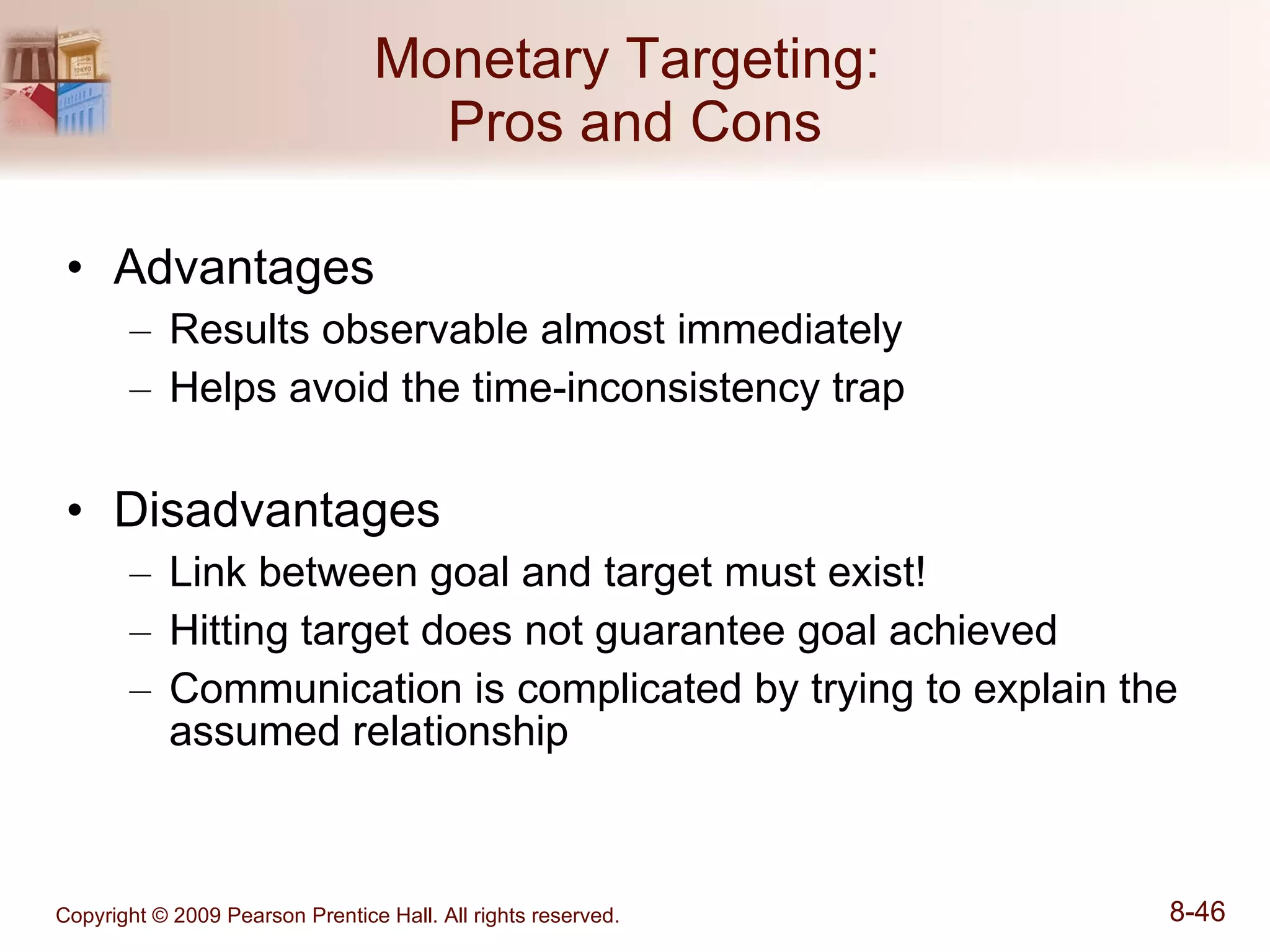 Monetary Targeting:  Pros and Cons Advantages Results observable almost immediately Helps avoid the time-inconsistency trap Disadvantages Link between goal and target must exist! Hitting target does not guarantee goal achieved Communication is complicated by trying to explain the assumed relationship 