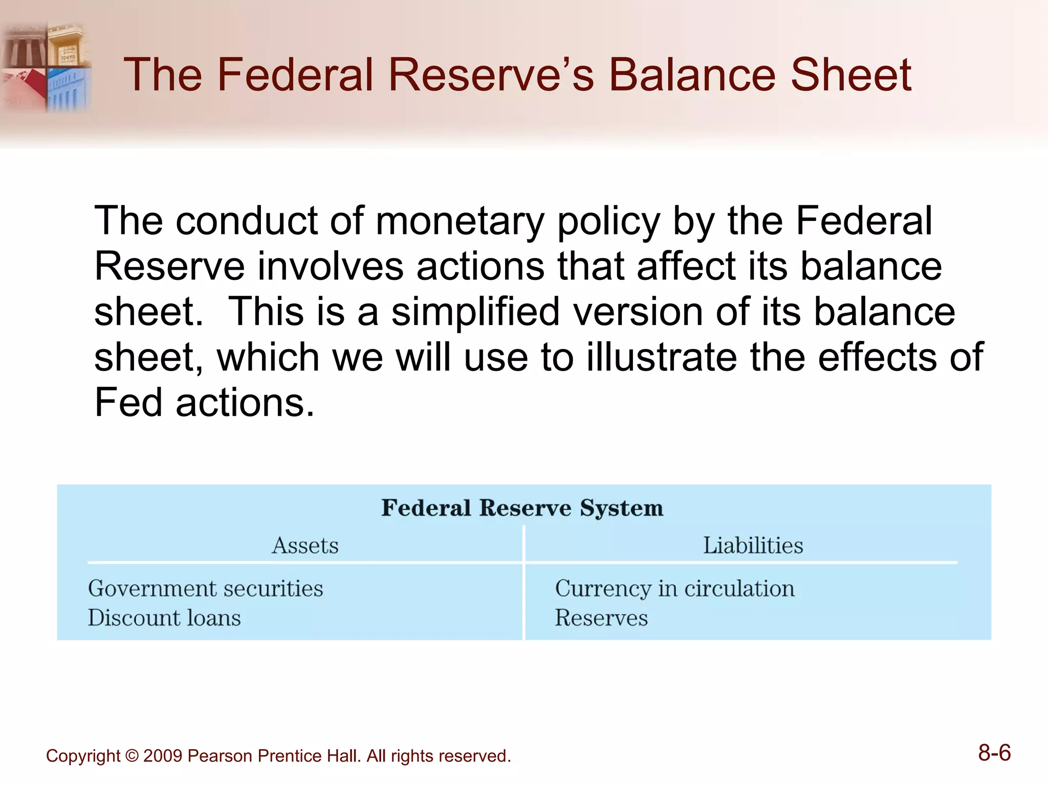 The Federal Reserve’s Balance Sheet  The conduct of monetary policy by the Federal Reserve involves actions that affect its balance sheet.  This is a simplified version of its balance sheet, which we will use to illustrate the effects of Fed actions. 