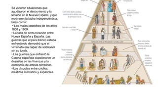 Se vivieron situaciones que
agudizaron el descontento y la
tensión en la Nueva España, y que
motivaron la lucha independentista,
tales como:
• Las malas cosechas de los años
1808 y 1809.
• La falta de comunicación entre
Nueva España y España. Las
guerras que el país ibérico estaba
enfrentando demostró que el
virreinato era capaz de sobrevivir
sin su tutela.
• Las guerras que enfrentó la
Corona española ocasionaron un
desastre en las finanzas y la
economía de ambos territorios.
• Las disputas entre criollos,
mestizos ilustrados y españoles.
 