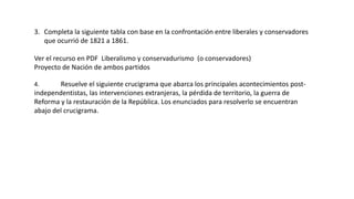 3. Completa la siguiente tabla con base en la confrontación entre liberales y conservadores
que ocurrió de 1821 a 1861.
Ver el recurso en PDF Liberalismo y conservadurismo (o conservadores)
Proyecto de Nación de ambos partidos
4. Resuelve el siguiente crucigrama que abarca los principales acontecimientos post-
independentistas, las intervenciones extranjeras, la pérdida de territorio, la guerra de
Reforma y la restauración de la República. Los enunciados para resolverlo se encuentran
abajo del crucigrama.
 