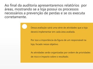 Ao final da auditoria apresentaremos relatórios por
áreas, mostrando se a loja possui os processos
necessários a prevenção de perdas e se os executa
corretamente.
Dessa avaliação sairá uma série de atividades que a loja
deverá implementar em cada área avaliada.
Por isso a importância da figura de um responsável na
loja, focado nesse objetivo.
As atividades serão organizadas por ordem de prioridades
de risco e impacto sobre o resultado.
 