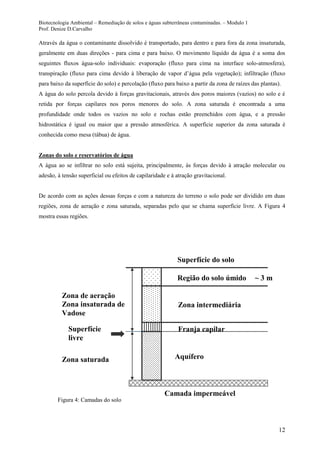 Biotecnologia Ambiental – Remediação de solos e águas subterrâneas contaminadas. – Modulo 1
Prof. Denize D.Carvalho
12
Através da água o contaminante dissolvido é transportado, para dentro e para fora da zona insaturada,
geralmente em duas direções - para cima e para baixo. O movimento líquido da água é a soma dos
seguintes fluxos água-solo individuais: evaporação (fluxo para cima na interface solo-atmosfera),
transpiração (fluxo para cima devido à liberação de vapor d’água pela vegetação); infiltração (fluxo
para baixo da superfície do solo) e percolação (fluxo para baixo a partir da zona de raízes das plantas).
A água do solo percola devido à forças gravitacionais, através dos poros maiores (vazios) no solo e é
retida por forças capilares nos poros menores do solo. A zona saturada é encontrada a uma
profundidade onde todos os vazios no solo e rochas estão preenchidos com água, e a pressão
hidrostática é igual ou maior que a pressão atmosférica. A superfície superior da zona saturada é
conhecida como mesa (tábua) de água.
Zonas do solo e reservatórios de água
A água ao se infiltrar no solo está sujeita, principalmente, às forças devido à atração molecular ou
adesão, à tensão superficial ou efeitos de capilaridade e à atração gravitacional.
De acordo com as ações dessas forças e com a natureza do terreno o solo pode ser dividido em duas
regiões, zona de aeração e zona saturada, separadas pelo que se chama superfície livre. A Figura 4
mostra essas regiões.
Figura 4: Camadas do solo
Zona de aeração
Zona insaturada de
Vadose
Superfície
livre
Zona saturada
Camada impermeável
Franja capilar
Zona intermediária
Região do solo úmido
Superfície do solo
Aquífero
~ 3 m
 