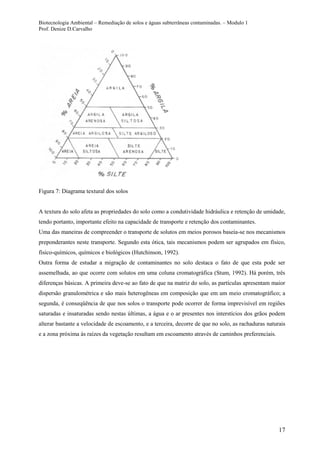 Biotecnologia Ambiental – Remediação de solos e águas subterrâneas contaminadas. – Modulo 1
Prof. Denize D.Carvalho
17
Figura 7: Diagrama textural dos solos
A textura do solo afeta as propriedades do solo como a condutividade hidráulica e retenção de umidade,
tendo portanto, importante efeito na capacidade de transporte e retenção dos contaminantes.
Uma das maneiras de compreender o transporte de solutos em meios porosos baseia-se nos mecanismos
preponderantes neste transporte. Segundo esta ótica, tais mecanismos podem ser agrupados em físico,
físico-químicos, químicos e biológicos (Hutchinson, 1992).
Outra forma de estudar a migração de contaminantes no solo destaca o fato de que esta pode ser
assemelhada, ao que ocorre com solutos em uma coluna cromatográfica (Stum, 1992). Há porém, três
diferenças básicas. A primeira deve-se ao fato de que na matriz do solo, as partículas apresentam maior
dispersão granulométrica e são mais heterogêneas em composição que em um meio cromatográfico; a
segunda, é conseqüência de que nos solos o transporte pode ocorrer de forma imprevisível em regiões
saturadas e insaturadas sendo nestas últimas, a água e o ar presentes nos interstícios dos grãos podem
alterar bastante a velocidade de escoamento, e a terceira, decorre de que no solo, as rachaduras naturais
e a zona próxima às raízes da vegetação resultam em escoamento através de caminhos preferenciais.
 