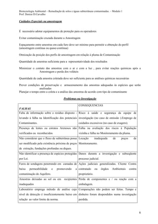 Biotecnologia Ambiental – Remediação de solos e águas subterrâneas contaminadas. – Modulo 1
Prof. Denize D.Carvalho
6
Cuidados Especiais na amostragem
É necessário adotar equipamentos de proteção para os operadores
Evitar contaminação cruzada durante a Amostragem
Espaçamento entre amostras em cada furo deve ser mínimo para permitir a obtenção do perfil
(amostragem contínua ou quase-contínua)
Otmização da posição dos perfís de amostragem em relação á pluma de Contaminação
Quantidade de amostras suficiente para a representatividade dos resultados
Minimizar o contato das amostras com o ar e com a luz , para evitar reações químicas após a
Amostragem e perda dos voláteis
Quantidade de cada amostra coletada deve ser suficiente para as análises químicas necessárias
Prever condições de preservação e armazenamento das amostras adequadas às espécies que serão
analisadas
Planejar o tempo entre a coleta e a análise das amostras de acordo com tipo de contaminante
Problemas na Investigação
FALHAS
CONSEQUENCIAS
Falta de informação sobre o resíduo disposto -
levando á falha na Identificação dos potenciais
Contaminantes.
Risco á saúde e segurança da equipe de
investigação (no caso de omissão ).Emprego de
cuidados excessivos (no caso de exagero).
Presença de lentes ou estratos Arenosos não
verificados ou reconhecidos
Falha na avaliação dos riscos à População
vizinha e falha no Monitoramento da pluma.
Não considerar que o fluxo de subterrânea possa
ser modificado pela existência próxima de poços
de extração, fundações profundas ou diques.
Locação inadequada de poços de
Monitoramento.
Não identificar a presença de espécies protegidas
por Lei.
Danos durante a investigação e subseqüente
processo judicial.
Furos de sondagens penetrando em camadas de
baixa permeabilidade e promovendo a
contaminação do Aquífero.
Ações judiciais generalizadas. Cliente Contra
contratado ou órgãos Ambientais contra
proprietário.
Amostras deixadas ao sol ou em recipientes
inadequados
Perda de componentes e / ou reação com a
embalagem.
Laboratório emprega método de análise cujo
nível de detecção é insuficientemente baixo em
relação ao valor limite da norma.
Comparações não podem ser feitas. Tempo e
dinheiro foram despendidos numa investigação
perdida.
 