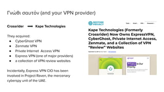 Γνώθι σαυτόν (and your VPN provider)
Crossrider Kape Technologies
They acquired:
● CyberGhost VPN
● Zenmate VPN
● Private ...