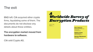 The exit
BND left. CIA acquired other crypto
ﬁrms, liquidating some of them. The
documents do not disclose any
details abo...