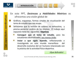 INTRODUCCIÓN                      …         …        …         …



                                En este PPT, Destrezas y Habilidades Motrices os
Las capacidades coordinativas



                                   ofrecemos una visión global de
                                  Gráficos, esquemas, formas simples de visualización del
                                  tema de estudio que nos ocupa.
                                  Señalamos que la revisión de autores no exhaustivo, y
                                  precisa posterior análisis de los mismos. El trabajo aquí
                                  expuesto tiene los siguientes Objetivos
                                      Conseguir que el tema de estudio, para los
                                      estudiantes desmotivados, sea menos árido.




                                                                                                                Las autoras del curso
                                      Instar a que sigáis leyendo, reflexionando e
                                      investigando en este mundo maravilloso            del
                                      desarrollo evolutivo del ser humano relacionado con
                                      la práctica de la actividad físico-deportiva.
                                                                                             ¡Que disfrutéis!
                                              Aurora Fernández del Valle y Susana Irazusta Adarraga, 2012       35
 
