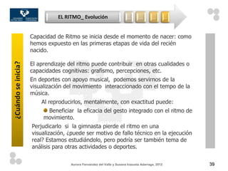 EL RITMO_ Evolución                      …      …        …         …


                     Capacidad de Ritmo se inicia desde el momento de nacer: como
                     hemos expuesto en las primeras etapas de vida del recién
                     nacido.

                     El aprendizaje del ritmo puede contribuir en otras cualidades o
¿Cuándo se inicia?




                     capacidades cognitivas: grafismo, percepciones, etc.
                     En deportes con apoyo musical, podemos servirnos de la
                     visualización del movimiento interaccionado con el tempo de la
                     música.
                         Al reproducirlos, mentalmente, con exactitud puede:
                           Beneficiar la eficacia del gesto integrado con el ritmo de
                          movimiento.
                     Perjudicarlo si la gimnasta pierde el ritmo en una
                     visualización, ¿puede ser motivo de fallo técnico en la ejecución
                     real? Estamos estudiándolo, pero podría ser también tema de
                     análisis para otras actividades o deportes.

                                     Aurora Fernández del Valle y Susana Irazusta Adarraga, 2012       39
 