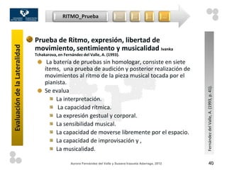 RITMO_Prueba                      …         …        …            …




                               Prueba de Ritmo, expresión, libertad de
Evaluación de la Lateralidad



                               movimiento, sentimiento y musicalidad Ivanka
                               Tchakarova, en Fernández del Valle, A. (1993).
                                     La batería de pruebas sin homologar, consiste en siete
                                    ítems, una prueba de audición y posterior realización de
                                    movimientos al ritmo de la pieza musical tocada por el
                                    pianista.




                                                                                                                    Fernández del Valle, A. (1993, p. 41).
                                    Se evalua
                                         La interpretación.
                                          La capacidad rítmica.
                                         La expresión gestual y corporal.
                                         La sensibilidad musical.
                                         La capacidad de moverse libremente por el espacio.
                                         La capacidad de improvisación y ,
                                         La musicalidad.

                                                  Aurora Fernández del Valle y Susana Irazusta Adarraga, 2012            40
 