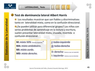 LATERALIDAD_ Tests                      …      …        …      …


                               Test de dominancia lateral Albert Harris
                                  Los resultados muestran que son fiables y discriminativos
Evaluación de la Lateralidad




                               tanto en lateralidad mixta, como en la confusión direccional.
                                 ¿Se pueden utilizar para diferenciar grupos? Los niños con




                                                                                                                           Harris, A. ( 1957) en TEA, 1978.
                               serios problemas de aprendizaje en la lectura y escritura,
                               suelen presentar lateralidad mixta, cruzada, invertida o
                               confusión direccional.

                                M: mixto 50% “derecha-izquierda.”               I: todas-izquierda
                                MA: mixto ambidextro.                           D: todas-derecha
                                MI: mixto zurdo.
                                                                                D: derecha- (menos un par con izquierda)
                                MD: mixto derecho.
                                                                                I: izquierda- (menos un par con derecha)



                                               Aurora Fernández del Valle y Susana Irazusta Adarraga, 2012
                                                                                                                                    49
 