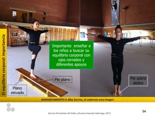 El equilibrio corporal: importancia




                                                        Importante enseñar a
                                                         los niños a buscar su
                                                        equilibrio corporal con
                                                            ojos cerrados y
                                                           diferentes apoyos


                                                           Pie plano                                               Pie sobre
                                                                                                                     dedos
                                       Plano
                                      elevado
                                                AGRADECIMIENTO A Alba Sarrias, al cedernos esta imagen


                                                                                                                         54
                                                     Aurora Fernández del Valle y Susana Irazusta Adarraga, 2012
 