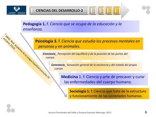 CIENCIAS DEL DESARROLLO-2                       …       …      …      …


Pedagogía 1. f. Ciencia que se ocupa de la educación y la
enseñanza.

       Psicología 3. f. Ciencia que estudia los procesos mentales en
        personas y en animales.
           Cinestesia_ Percepción del equilibrio y de la posición de las partes del
             cuerpo.

                  Cenestesia_ Sensación general de la existencia y del estado del propio
                    cuerpo

                          Medicina 1. f. Ciencia y arte de precaver y curar
                           las enfermedades del cuerpo humano.

                                  Sociología 1. f. Ciencia que trata de la estructura
                                  y funcionamiento de las sociedades humanas.



               Aurora Fernández del Valle y Susana Irazusta Adarraga, 2012                 6
 
