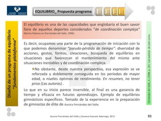 EQUILIBRIO_ Propuesta programa                          …       …     …    …


                                      El equilibrio es una de las capacidades que englobaría el buen savoir
                                      faire de aquellos deportes considerados “de coordinación compleja”
Diseño de un programa de equilibrio




                                      Marina Fateeva en (Fernández del Valle, 1996) .




                                                                                                                               Fernández del Valle, A. (1996, p. 20 ) Las autoras de este curso..
    “fundamentos-plataforma”




                                      Es decir, ocupamos una parte de la programación de iniciación con lo
                                      que podemos denominar “pseudo-pérdida de tiempo”: diversidad de
                                      acciones, gestos, formas, creaciones, búsqueda de equilibrios en
                                      situaciones que favorezcan el mantenimiento del mismo ante
                                      situaciones inestables y de coordinación compleja.
                                               No obstante, desde nuestra perspectiva, esa expresión se ve
                                             reforzada y doblemente conseguida en los períodos de mayor
                                             edad, o niveles óptimos de rendimiento. En resumen, no tener
                                             prisa (Las autoras) .
                                      Lo que en su inicio parece inservible, al final es una ganancia de
                                      tiempo y eficacia en futuros aprendizajes. Ejemplo de equilibrios
                                      gimnásticos específicos. Tomado de la experiencia en la preparación
                                      de gimnastas de élite de Aurora Fernández del Valle.

                                                             Aurora Fernández del Valle y Susana Irazusta Adarraga, 2012         63
 