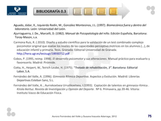 BIBLIOGRAFÍA 0.3                   …         …          …          …



Aguado, Jódar, X., Izquierdo Redín, M., González Montesinos, J.L. (1997). Biomecánica fuera y dentro del
 laboratorio. León: Universidad del León.
Ajurriaguerra, J. De., Marcelli, D. (1982). Manual de Psicopatología del niño. Edición Española, Barcelona:
 Toray-Mason, s.a.
Carmona Ruiz, R. ( 2010). Diseño y estudio científico para la validación de un test combinado complejo
  psicomotor original que evalúe los niveles de las capacidades perceptivo motrices en los alumnos (…), de
  educación infantil y primaria. Tesis. Granada: Editorial Universidad de Granada.
  http://hera.ugr.es/tesisugr/18930712.pdf
Cobos, P. (1995, reimp. 1998). El desarrollo psicomotor y sus alteraciones. Manual práctico para evaluarlo y
  favorecerlo. Madrid: Pirámide.
Cotta, H., Heipert, W., Teirich-Leube, H. (1975). “Tratado de rehabilitación, 3”. Barcelona: Editorial
  Labor, S.A.
Fernández del Valle, A. (1996). Gimnasia Rítmica Deportiva. Aspectos y Evolución. Madrid: Librerías
  Deportivas Esteban Sanz, S.L.
Fernández del Valle, A. , Aurrekoetxea Urrutikoetxea, I.(1993). Captación de talentos en gimnasia rítmica .
  Kirola Ikertuz. Revista de Investigación y Opinión del Deporte. Nº 6. Primavera, pp.39-46. Vitoria:
  Instituto Vasco de Educación Física.




                               Aurora Fernández del Valle y Susana Irazusta Adarraga, 2012                    75
 